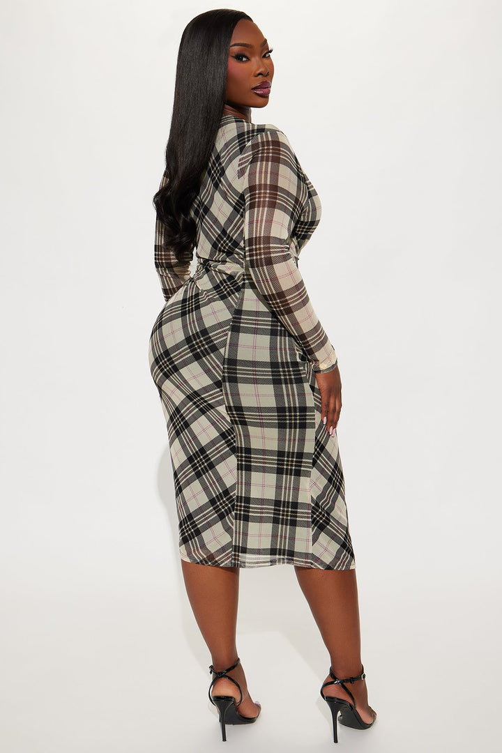 Livia Plaid Mesh Midi Dress - Taupe/combo