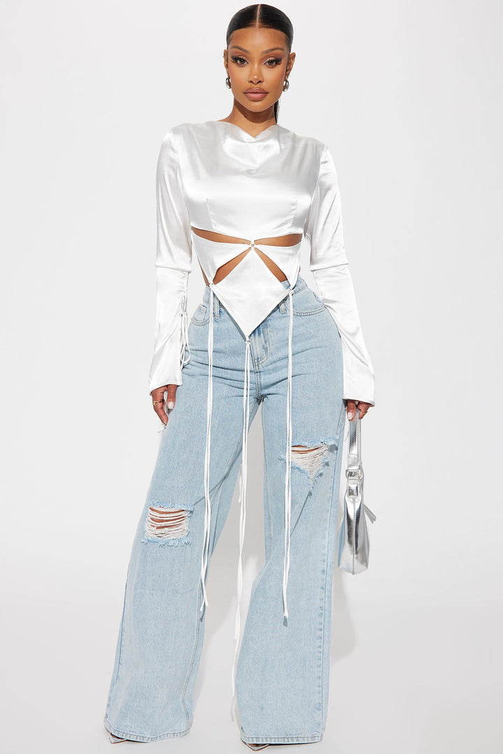 Letting Loose Satin Boat Neck Blouse Top - White