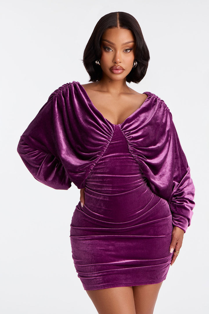 Vanna Ruched Velvet Mini Dress - Purple