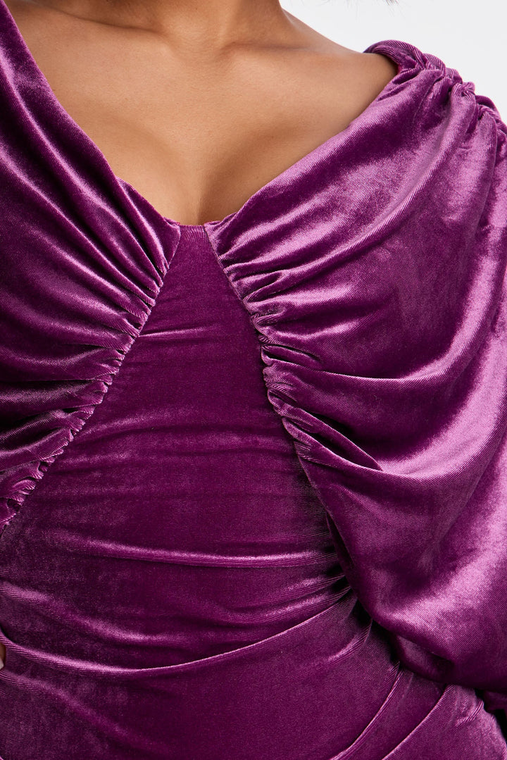 Vanna Ruched Velvet Mini Dress - Purple