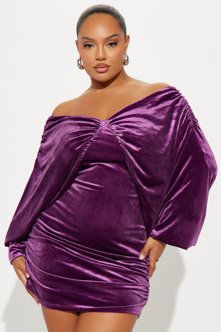 Vanna Ruched Velvet Mini Dress - Purple