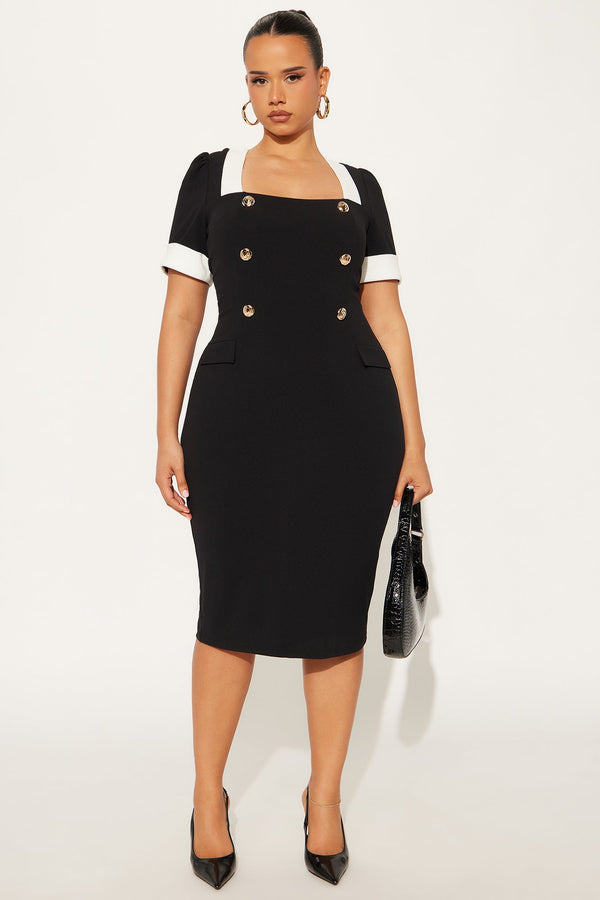 Ainsley Contrast Trim Crepe Knit Midi Dress - Black/White