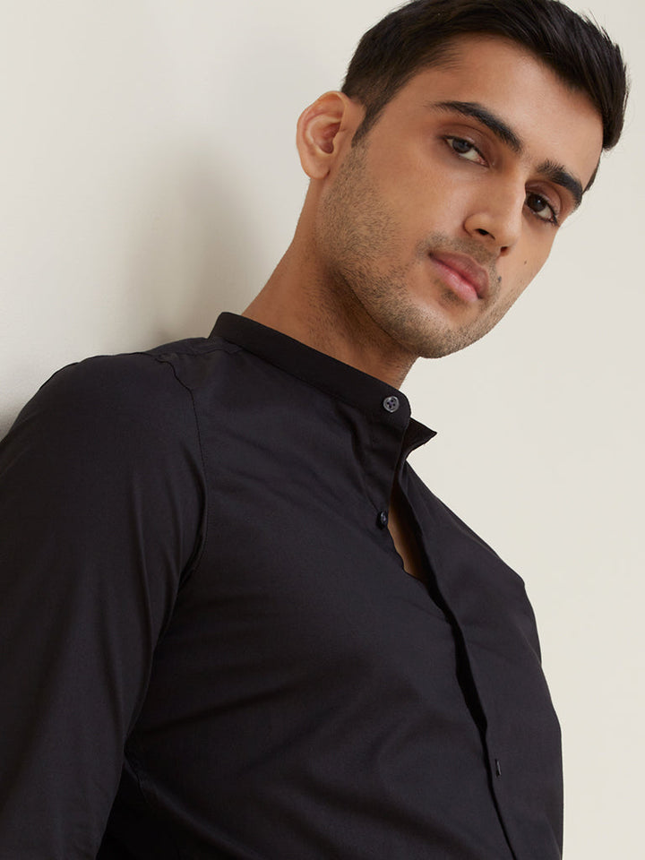 WES Formals Black Ultra Slim Fit Band Neck Cotton-Blend Shirt