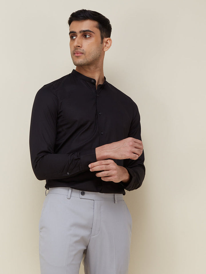 WES Formals Black Ultra Slim Fit Band Neck Cotton-Blend Shirt