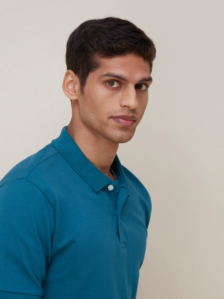 WES Casuals Teal Cotton Blend Slim-Fit Polo T-Shirt