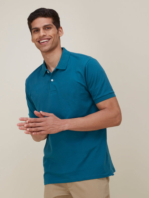 WES Casuals Teal Cotton Blend Slim-Fit Polo T-Shirt