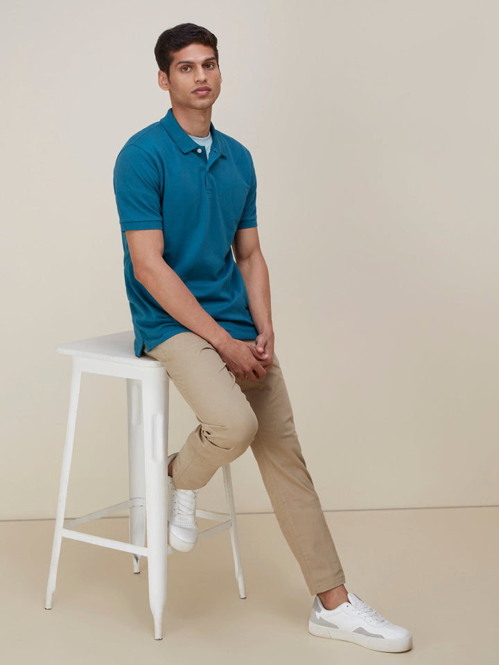 WES Casuals Teal Cotton Blend Slim-Fit Polo T-Shirt