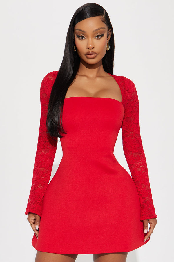 Delia Lace Long Sleeve Mini Dress - Red