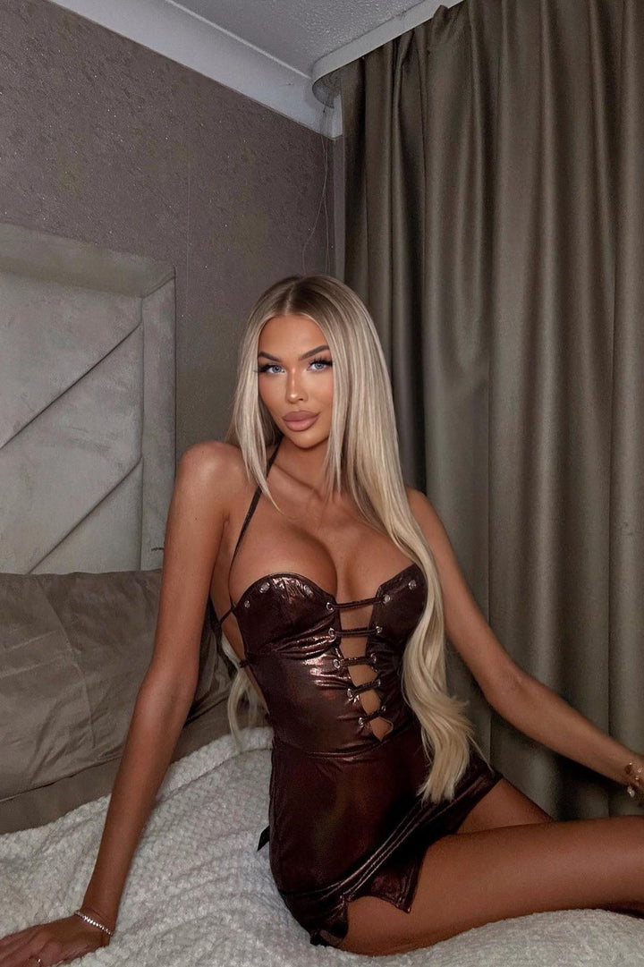 Ashlynn Lace Up Mini Dress - Chocolate