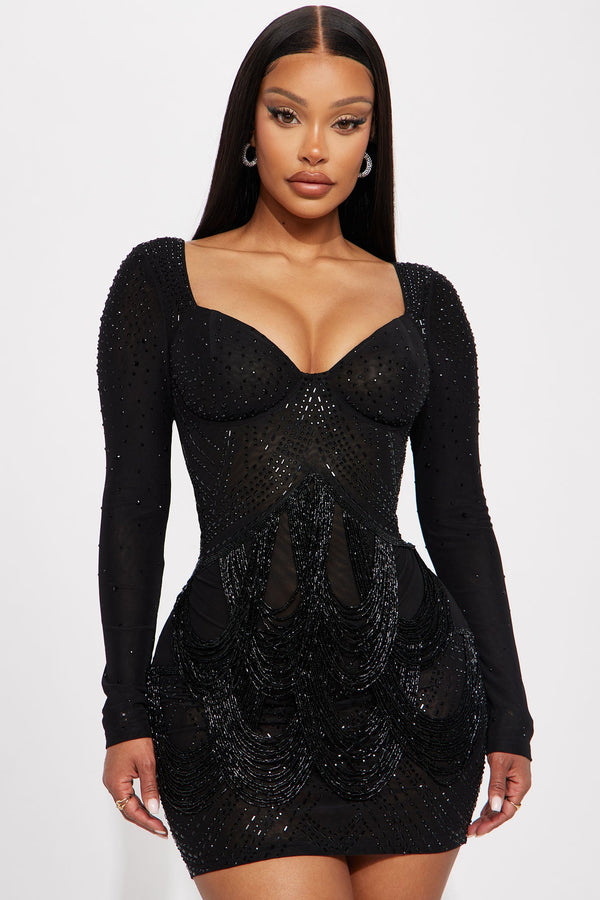 Celeste Rhinestone Mini Dress - Black