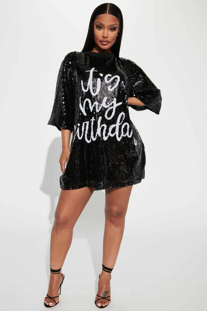 Birthday Queen Sequin Shirt Dress - Black/Silver