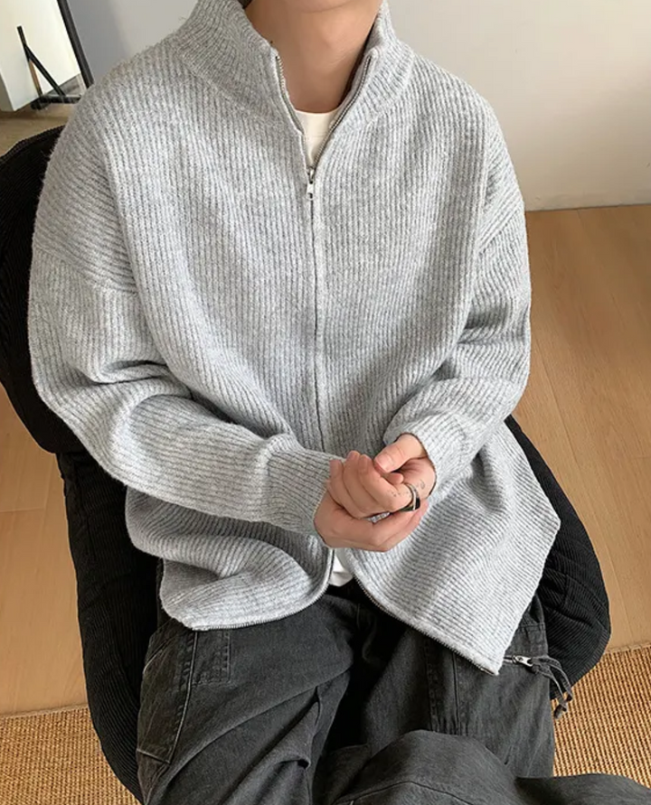 Corvin Ribbed Zip Cardigan Grey
