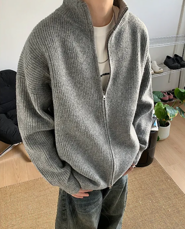 Corvin Ribbed Zip Cardigan Dark Grey