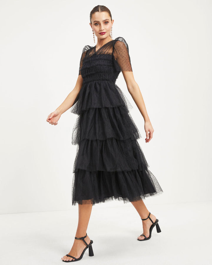 Night At The Opera Tulle Tiered Polka Dot Maxi Dress