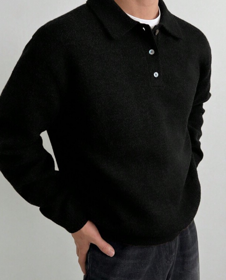 Merino Polo Knit Sweater Black