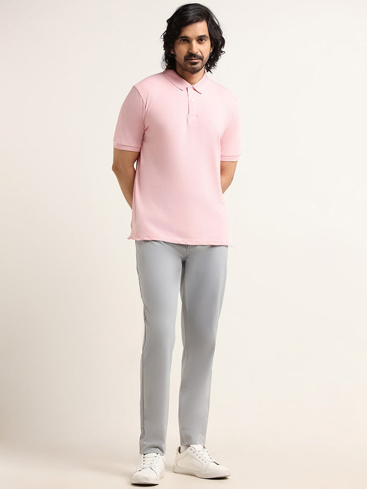 WES Casuals Light Pink Cotton Blend Relaxed-Fit Polo T-Shirt