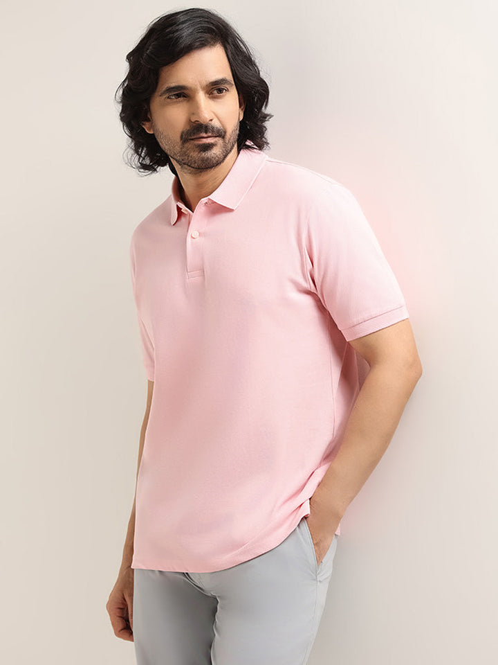 WES Casuals Light Pink Cotton Blend Relaxed-Fit Polo T-Shirt