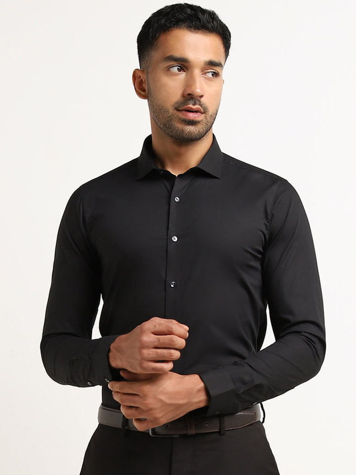 WES Formals Black Cotton-Blend Ultra-Slim Fit Shirt