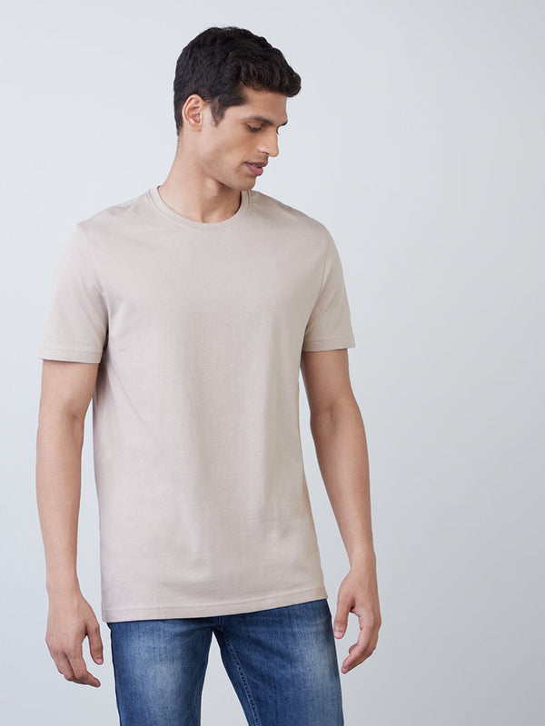 WES Casuals Beige Slim-Fit Cotton T-Shirt