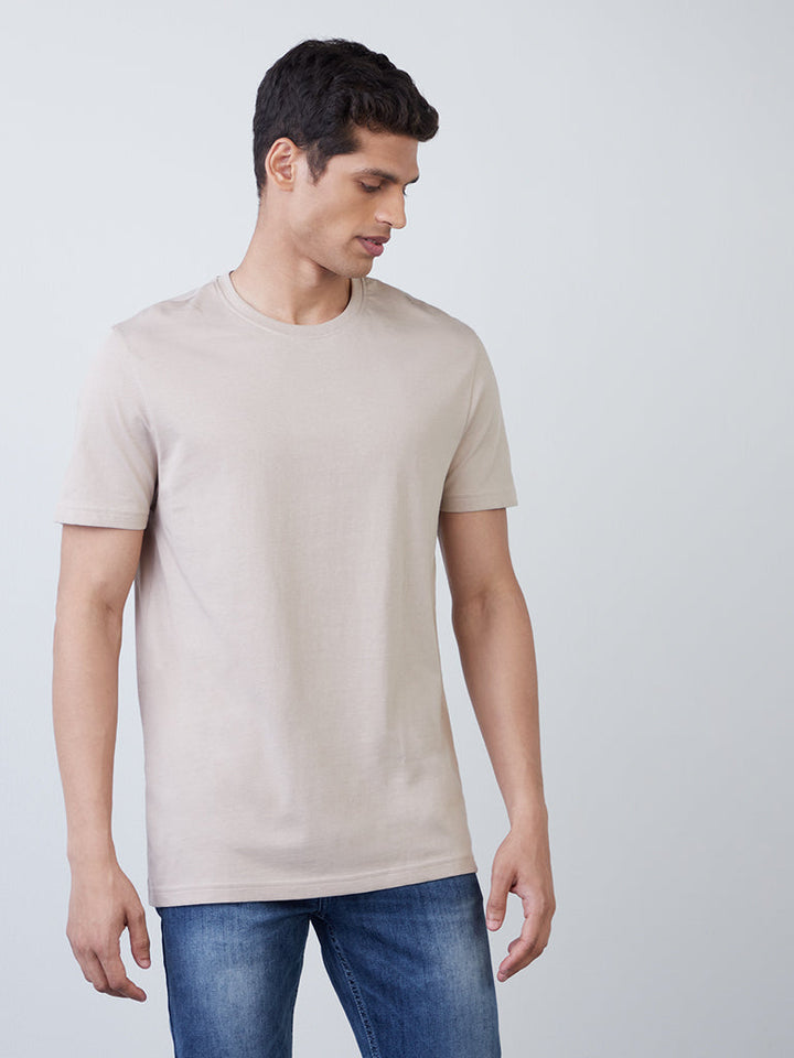 WES Casuals Beige Slim-Fit Cotton T-Shirt