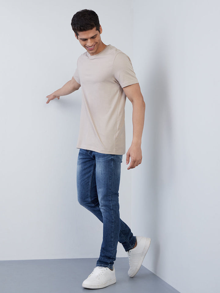 WES Casuals Beige Slim-Fit Cotton T-Shirt