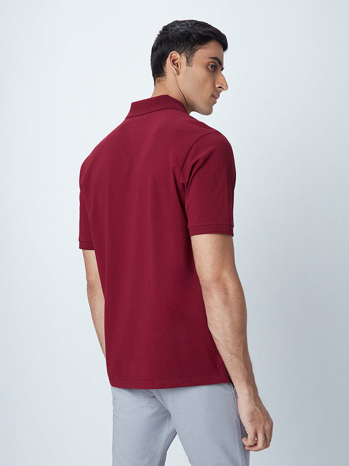 WES Casuals Maroon Cotton-Blend Relaxed-Fit Polo T-Shirt