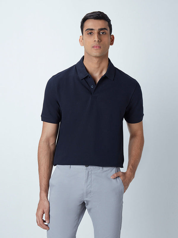 WES Casuals Navy Cotton Blend Slim-Fit Polo T-Shirt