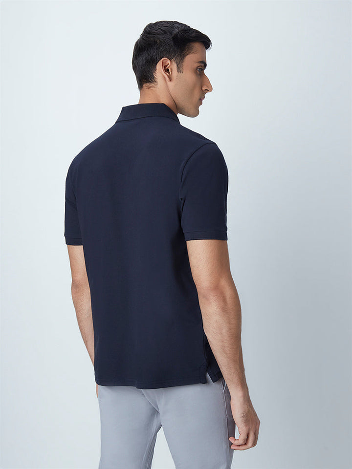 WES Casuals Navy Cotton Blend Slim-Fit Polo T-Shirt