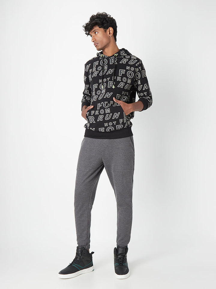 Studiofit Black Text-Printed Cotton Hooded Sweatshirt