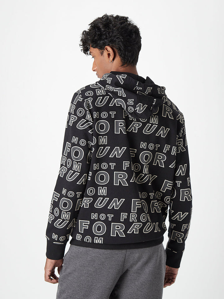 Studiofit Black Text-Printed Cotton Hooded Sweatshirt