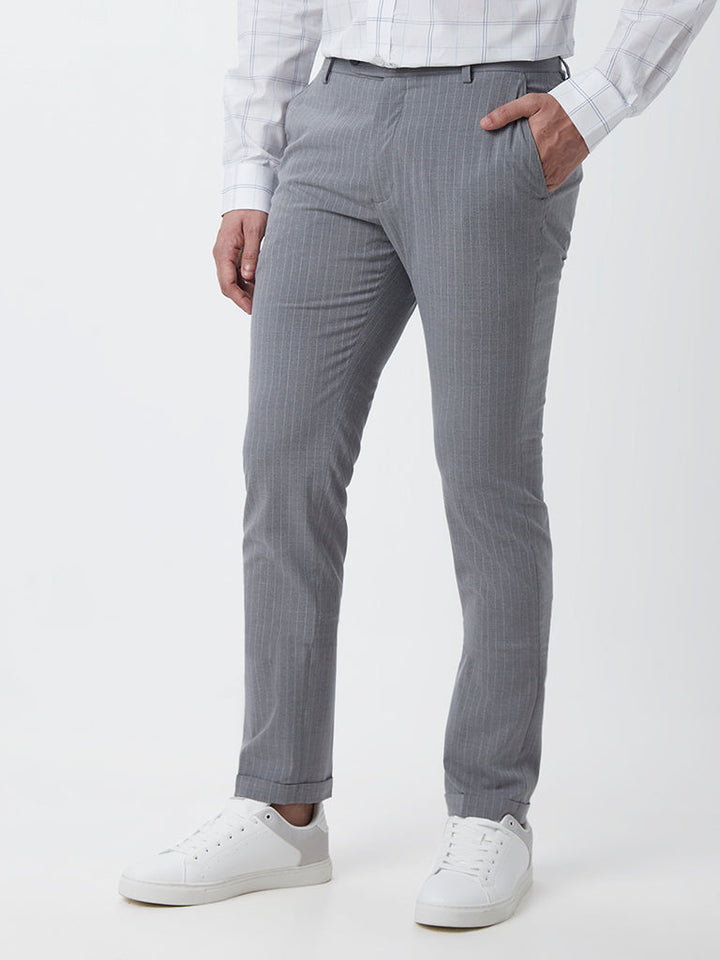 WES Formals Grey Striped Slim-Fit Mid-Rise Trousers