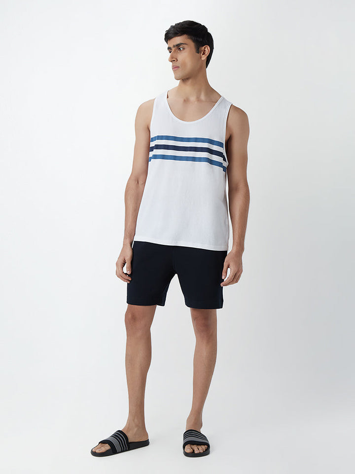 WES Lounge Navy Self-Textured Cotton-Blend Relaxed-Fit Shorts