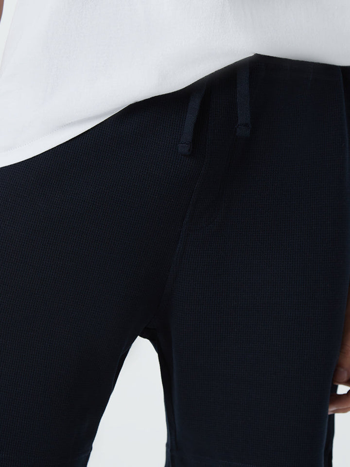 WES Lounge Navy Self-Textured Cotton-Blend Relaxed-Fit Shorts