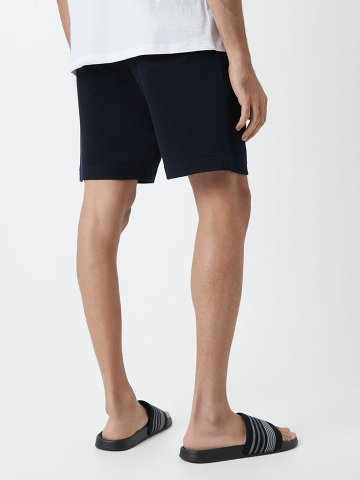 WES Lounge Navy Self-Textured Cotton-Blend Relaxed-Fit Shorts