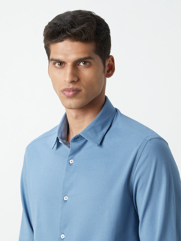 WES Formals Blue Self-Patterned Cotton-Blend Slim-Fit Shirt