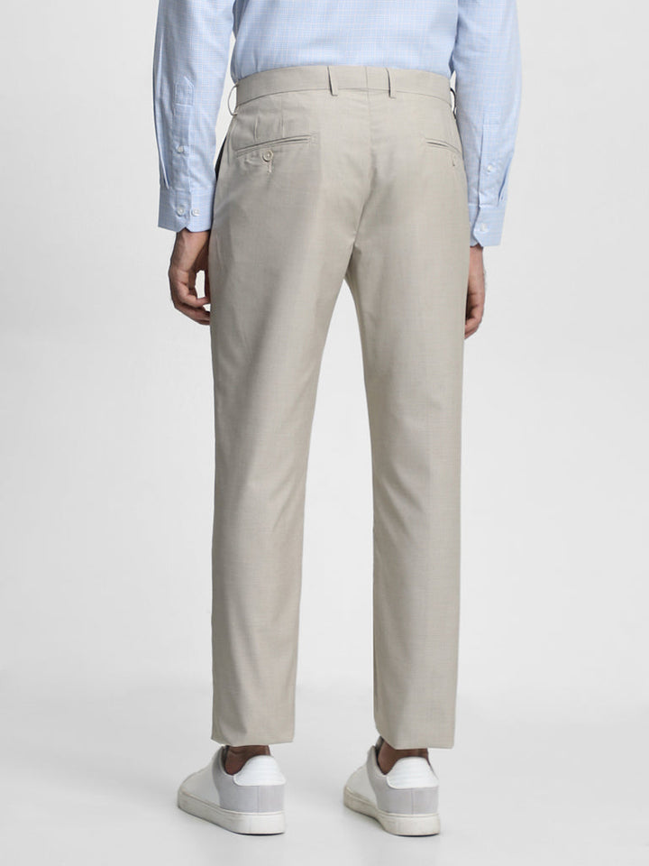 WES Formals Dobby Beige Relaxed-Fit Mid-Rise Trousers