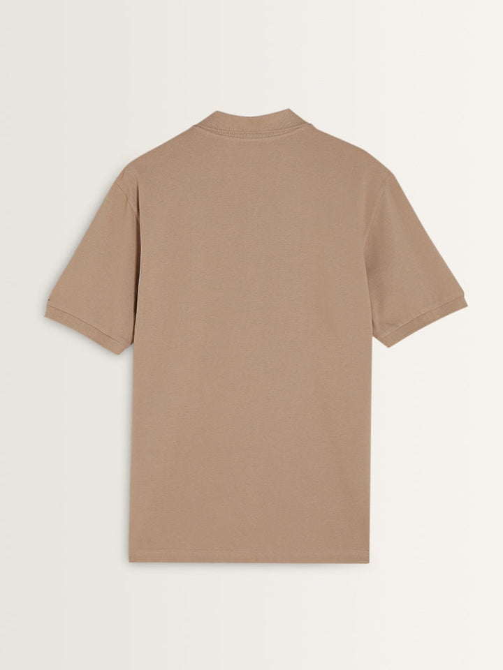 WES Casuals Plain Beige Polo Neck Cotton-Blend Relaxed-Fit T-Shirt