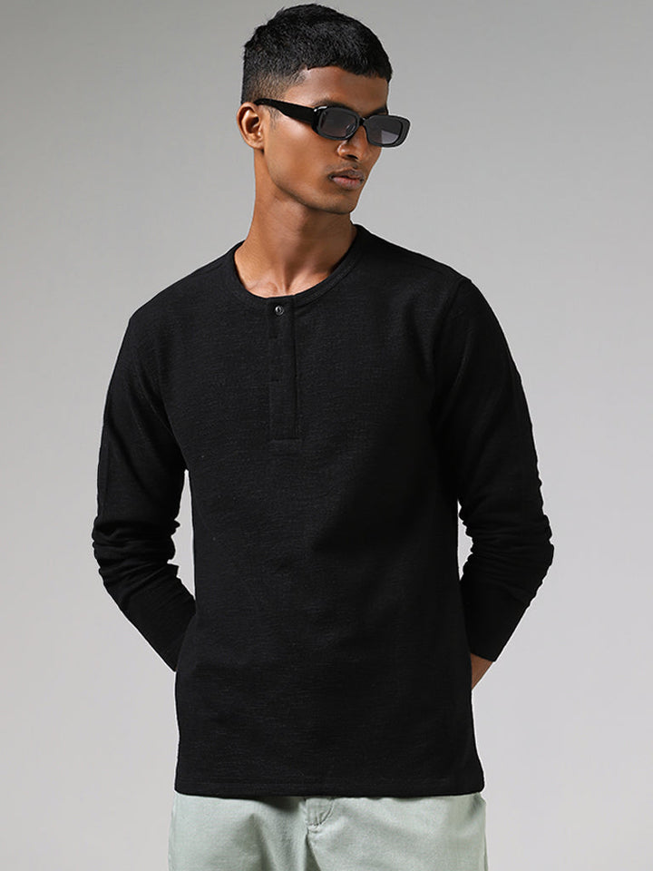 ETA Black Henley Neckline Slim-Fit Cotton T-Shirt
