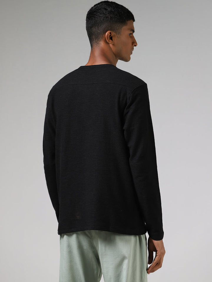 ETA Black Henley Neckline Slim-Fit Cotton T-Shirt