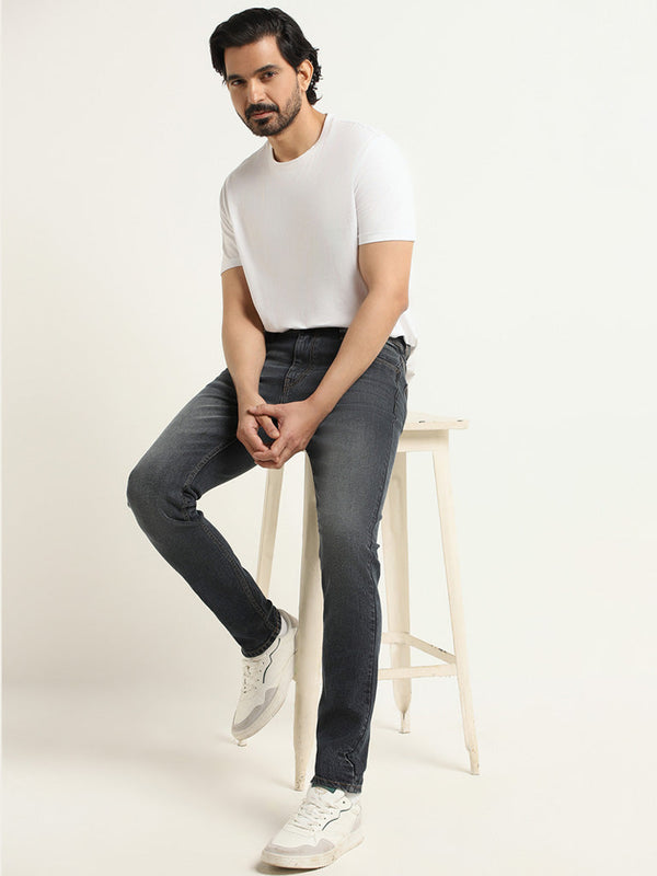WES Casuals Dark Grey Wash Slim-Fit Mid-Rise Jeans