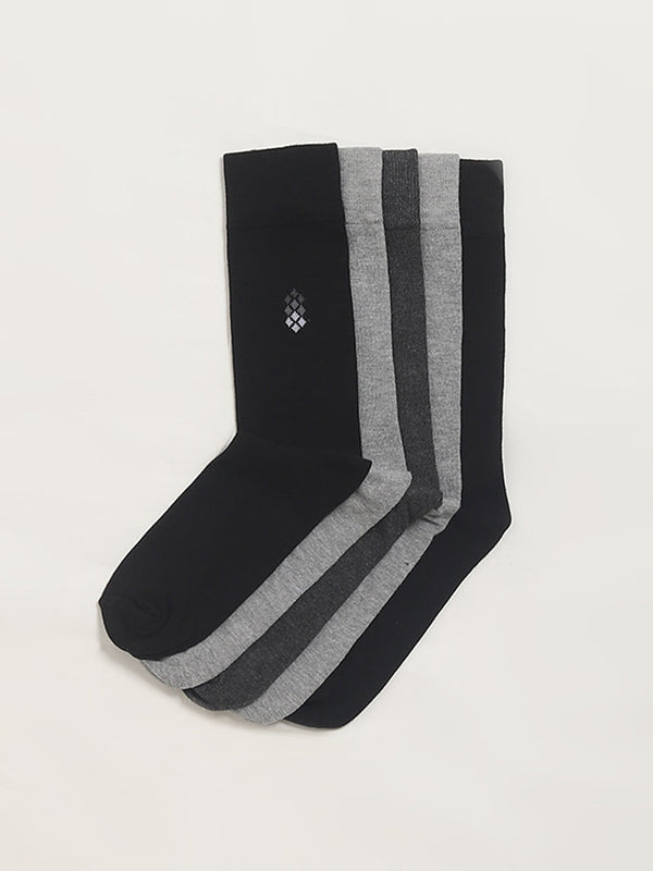 WES Lounge Grey Plain Cotton-Blend Socks - Pack of 5