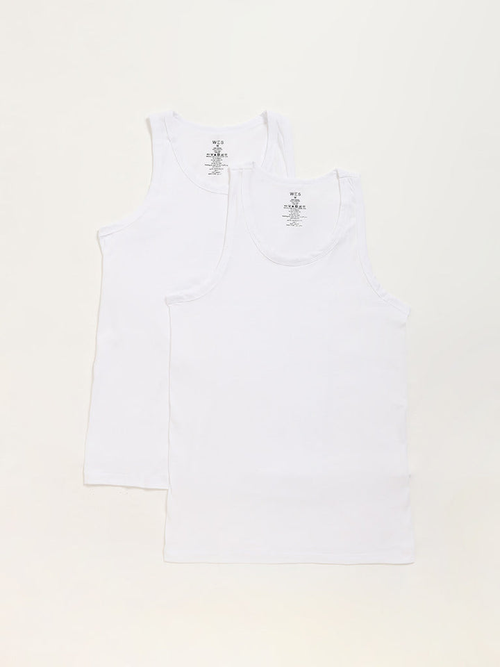 WES Lounge Plain White Cotton Vests - Pack of 2