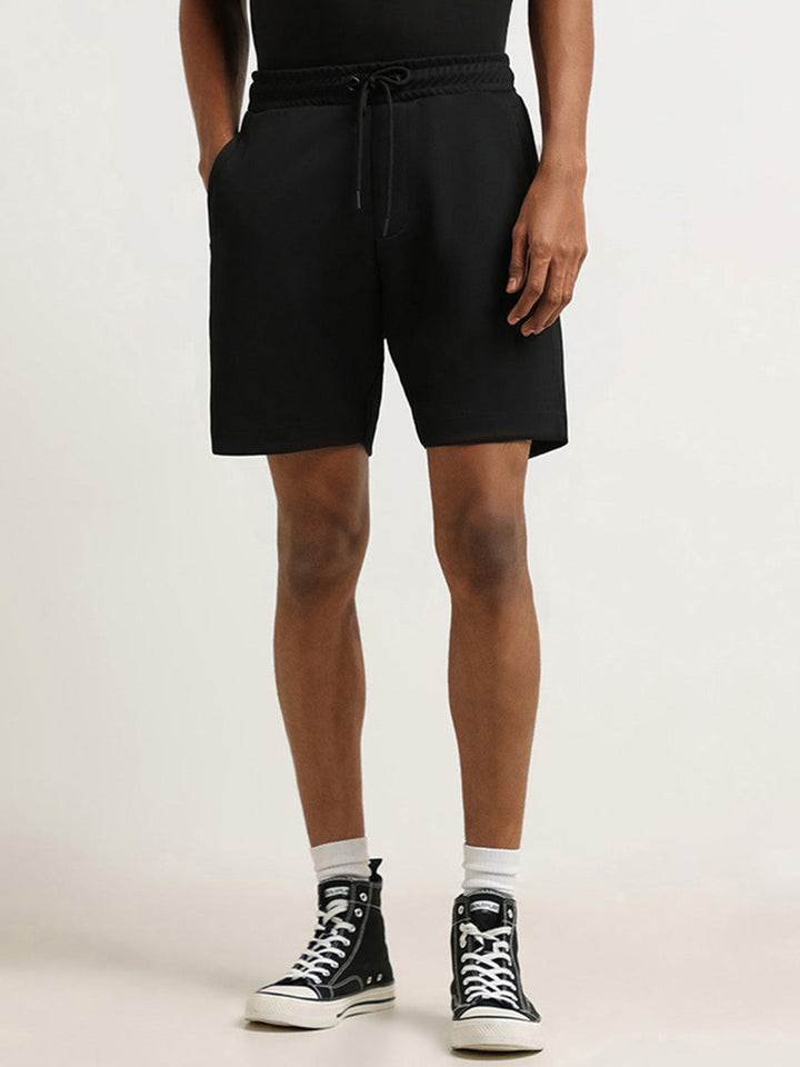 Studiofit Black Self Patterned Cotton-Blend Relaxed Fit Shorts