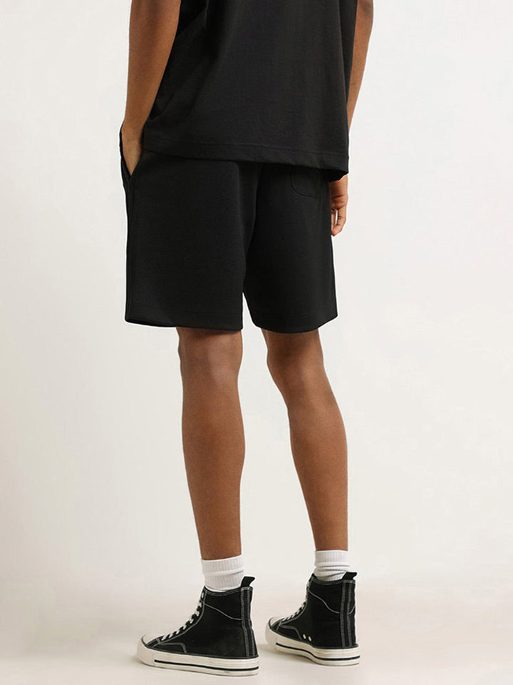 Studiofit Black Self Patterned Cotton-Blend Relaxed Fit Shorts