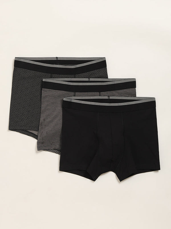 WES Lounge Black Printed Cotton-Blend Relaxed Fit Trunks - Pack of 3