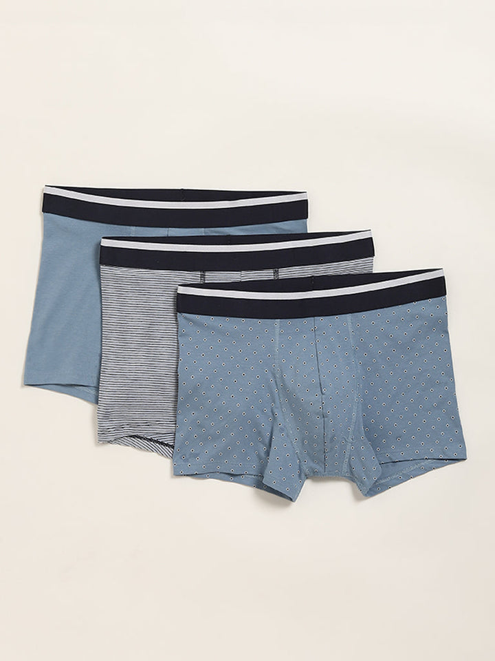 WES Lounge Light Blue Cotton-Blend Relaxed Fit Trunks - Pack of 3