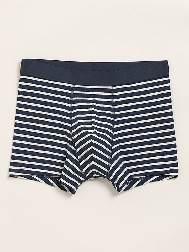 WES Lounge Navy Striped Cotton-Blend Relaxed Fit Trunks - Pack of 3