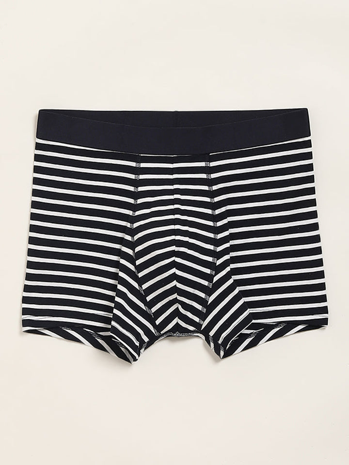 WES Lounge Navy Striped Cotton-Blend Relaxed Fit Trunks - Pack of 3