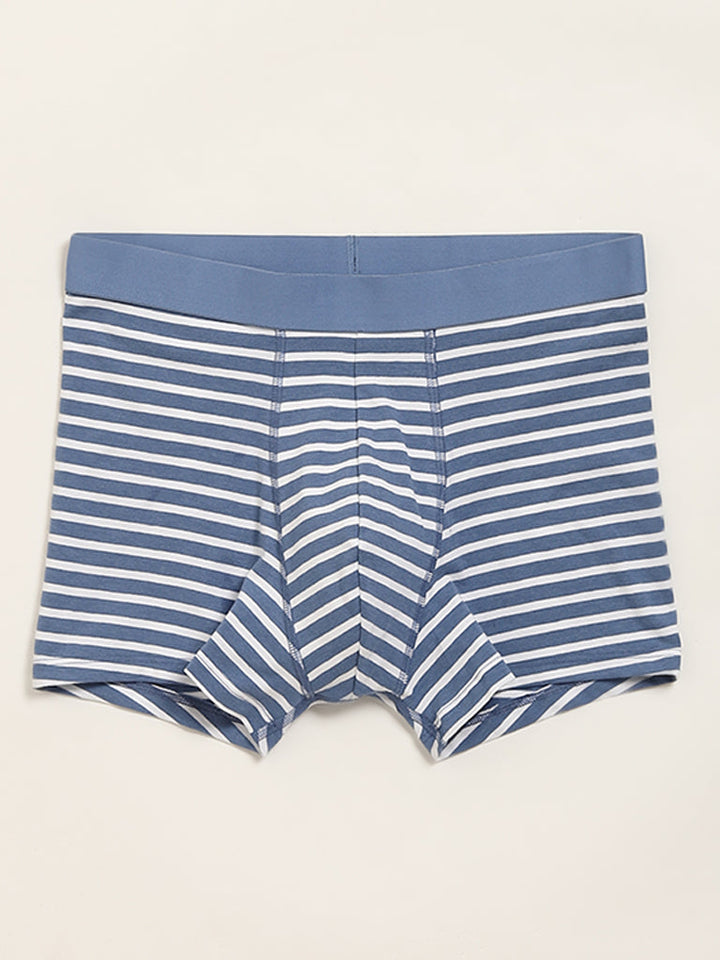 WES Lounge Navy Striped Cotton-Blend Relaxed Fit Trunks - Pack of 3