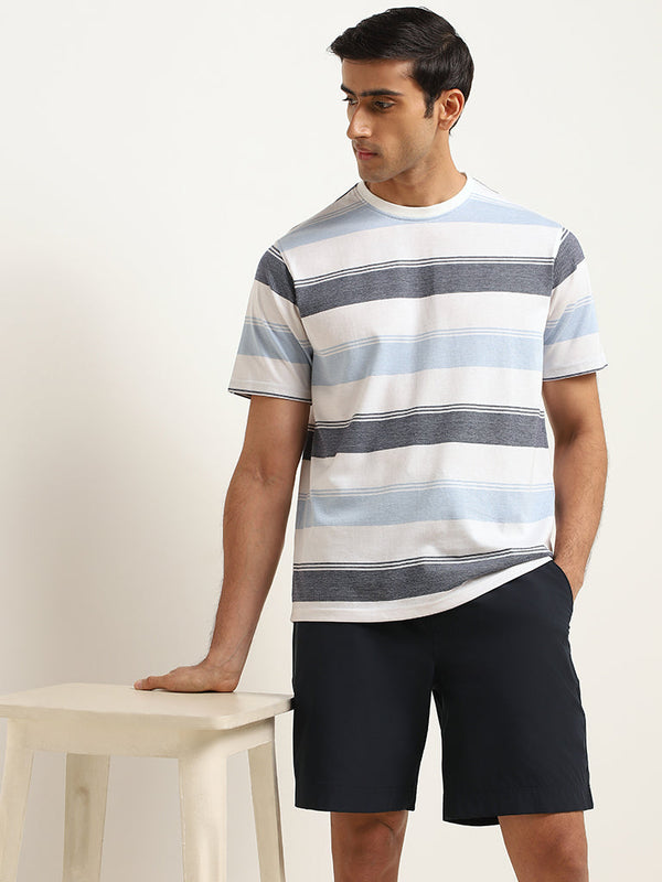 WES Lounge Blue Cotton-Blend Relaxed Fit T-Shirt